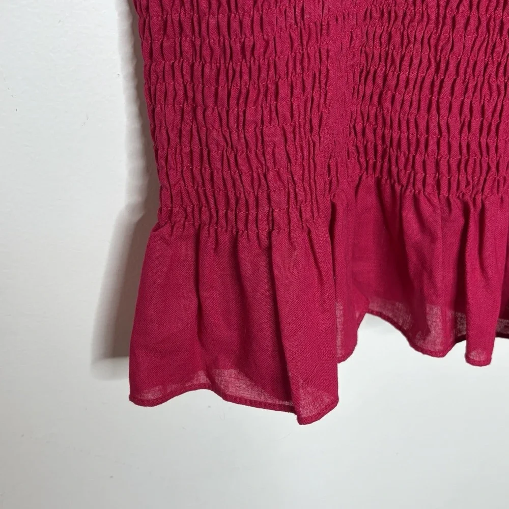Maeve Smocked Linen Cotton Tank Top Pink Womens M Strappy Summer Preppy Ruffled